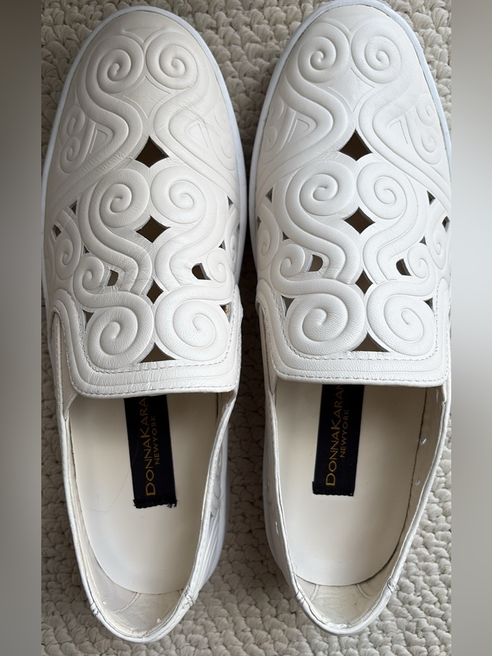 Donna Karan White Laser-Cut Swirl Slip-On Loafers
